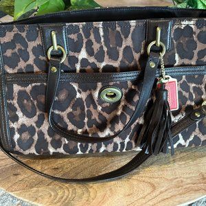 Coach Dark Brown Leopard Print Canvas and Leather Park Chain Ocelot Tote